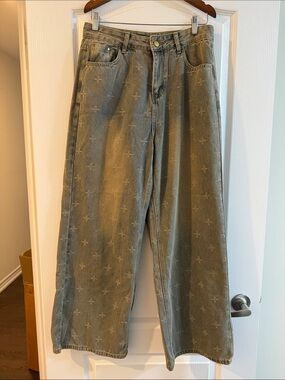 Wide Leg Star-Print Denim Jeans - Faded Olive Green